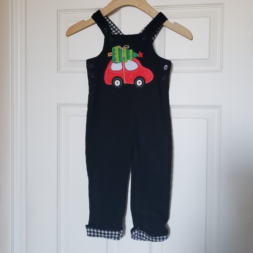 Mudpie Toddler Boys Black Corduroy Red Truck Christmas Overalls - Size 3T - EUC